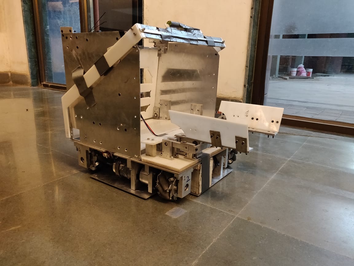 DEEPU: The bot that led the team to victory in the Asia Pacific round of ASME-Student Design Challenge; Notice the unconventional use of mecanum wheels which allowed the bot to move freely in the arena.
