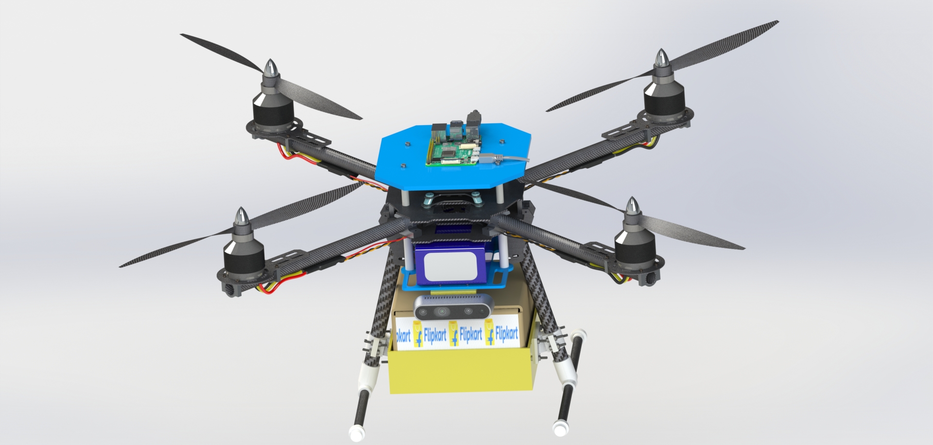 Capable of autonomous indoor navigation and having a payload capacity of 2.4 kgs, team UMIC Aerial proposed this design for the Flipkart Grid 2.0 Autonomous Indoor Drone Robotics Challenge